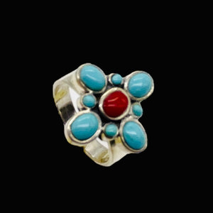 Turquoise Coral Sterling Silver Ring | Size 7.75 | Blue Red | 1 Ring |