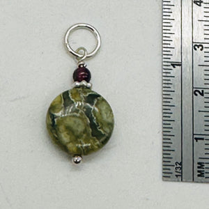 Raintree Rhyolite Jasper Sterling Silver Pendant | 1" Long | Green, Pink |