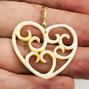 Heart Shape Delicate Carved Bone 14K Gold Filled Pendant| 1 3/4" Long | Cream |
