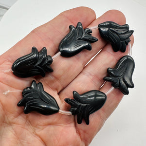 Hand Carved Black Obsidian Flower Bead 8 inch Strand 10192HS