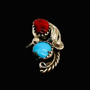 Turquoise Coral Sterling Silver Feather Design Ring | 6 | Blue Red | 1 Rung |