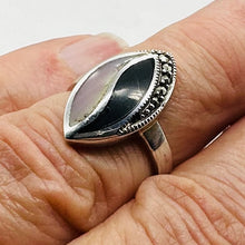 Load image into Gallery viewer, Onyx Mother of Pearl Marcasite Sterling Silver Ring | 7 | Blue, White, Silver |
