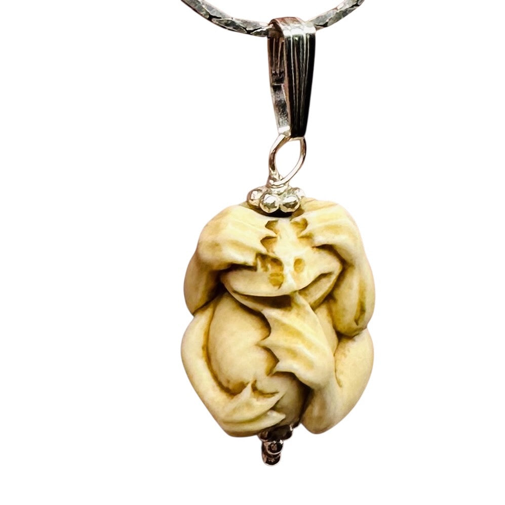 Hear No, See No, Speak No Evil Monkey Mammoth Bone Sterling Silver Pendant