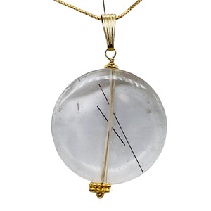 Tourmalinated Quartz Beautiful Round 14K Gold Filled Pendant | 30mm | Disc |