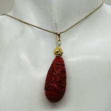 Load image into Gallery viewer, Cinnabar Carved Teardrop Barrel Bead 14K Gold Filled Pendant | 2 1/4" Long| Red|
