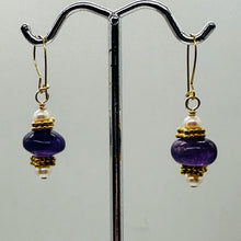 Load image into Gallery viewer, Amethyst Roundel and Pearl 14K Gold Filled Drop Earrings| 1 1/4" Long| Purple |

