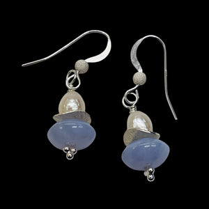 Blue Chalcedony Faceted Pearl Designer Earrings | 1 1/4" Long | Blue, White |