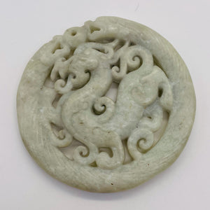 New Jade Carved Dragon Pendant Bead | Round | 2 5/8x1/4" | Pale green | 1 Bead |