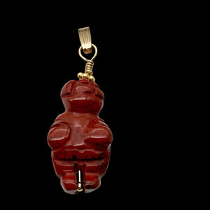 Carved Brecciated Jasper Goddess of Willendorf 14Kgf Pendant|1.38" Long | Red |