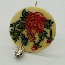 Load image into Gallery viewer, Rose Flower Scrimshaw Round Pendant Bead | 25x3mm | Red, Green, Cream | 1 Bead |
