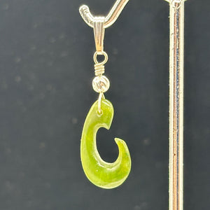 Jade Maori Hai Matau Fishhook Sterling Silver Pendant | Green | 1 1/4" Long |