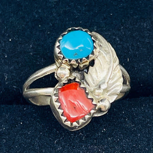 Turquoise Coral Sterling Silver Feather Design Ring | Size 5| Blue Red | 1 Ring|