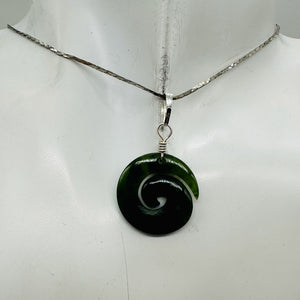Jade New Zealand Maori Koru Sterling Silver Pendant | Green | 1" Long |
