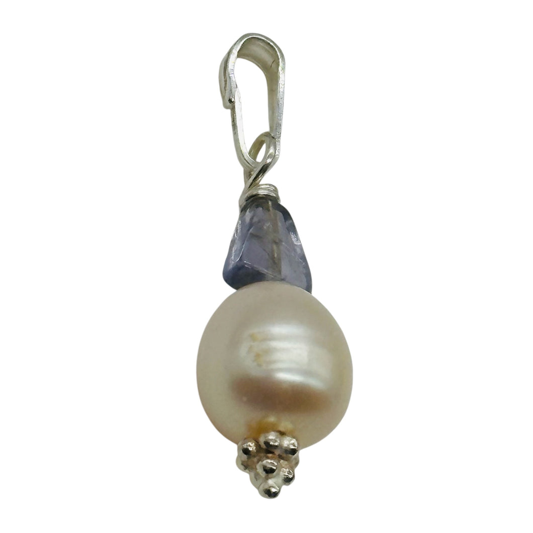 Iolite, Fresh Water Large Pearl Sterling Silver Drop Pendant | 1
