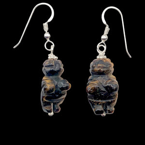 Tiger Eye Venus Goddess of Willendorf Sterling Earrings| 1 3/4" Long | Bronze |