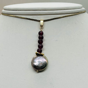 Natural Garnet and Pearl 14KGF Pendant | 1 1/2 Inch Long |