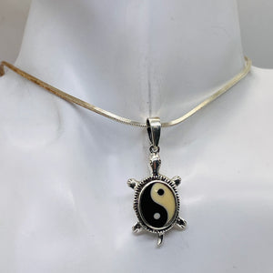 Yin Yang Sterling Silver Turtle Pendant | 1 1/2" Long | White Black | 1 Pendant |