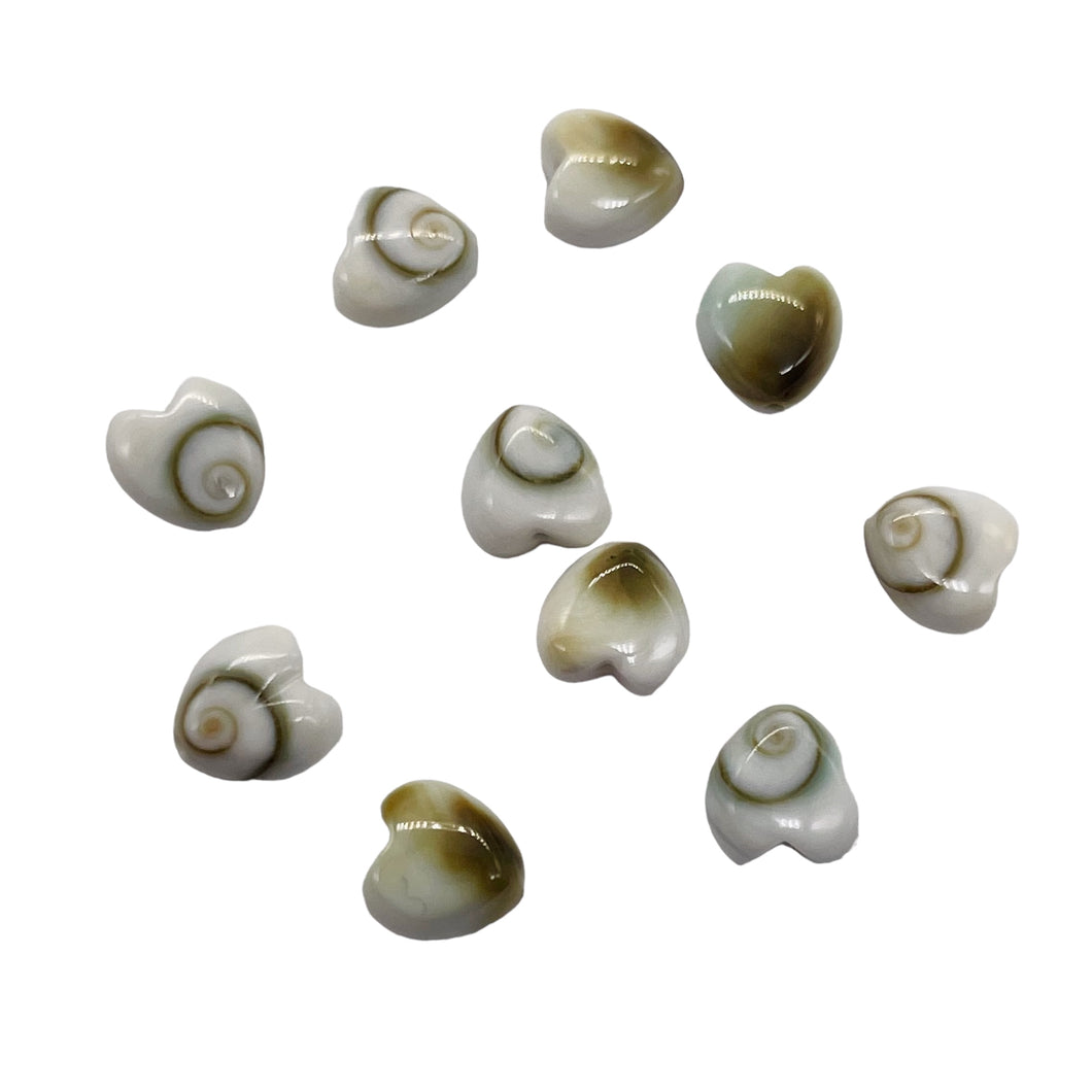 Shiva Shell Parcel Heart Cut Beads | 6x3mm | White, Tan | 10 Beads