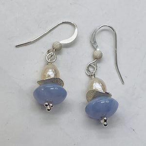 Blue Chalcedony Faceted Pearl Designer Earrings | 1 1/4" Long | Blue, White |