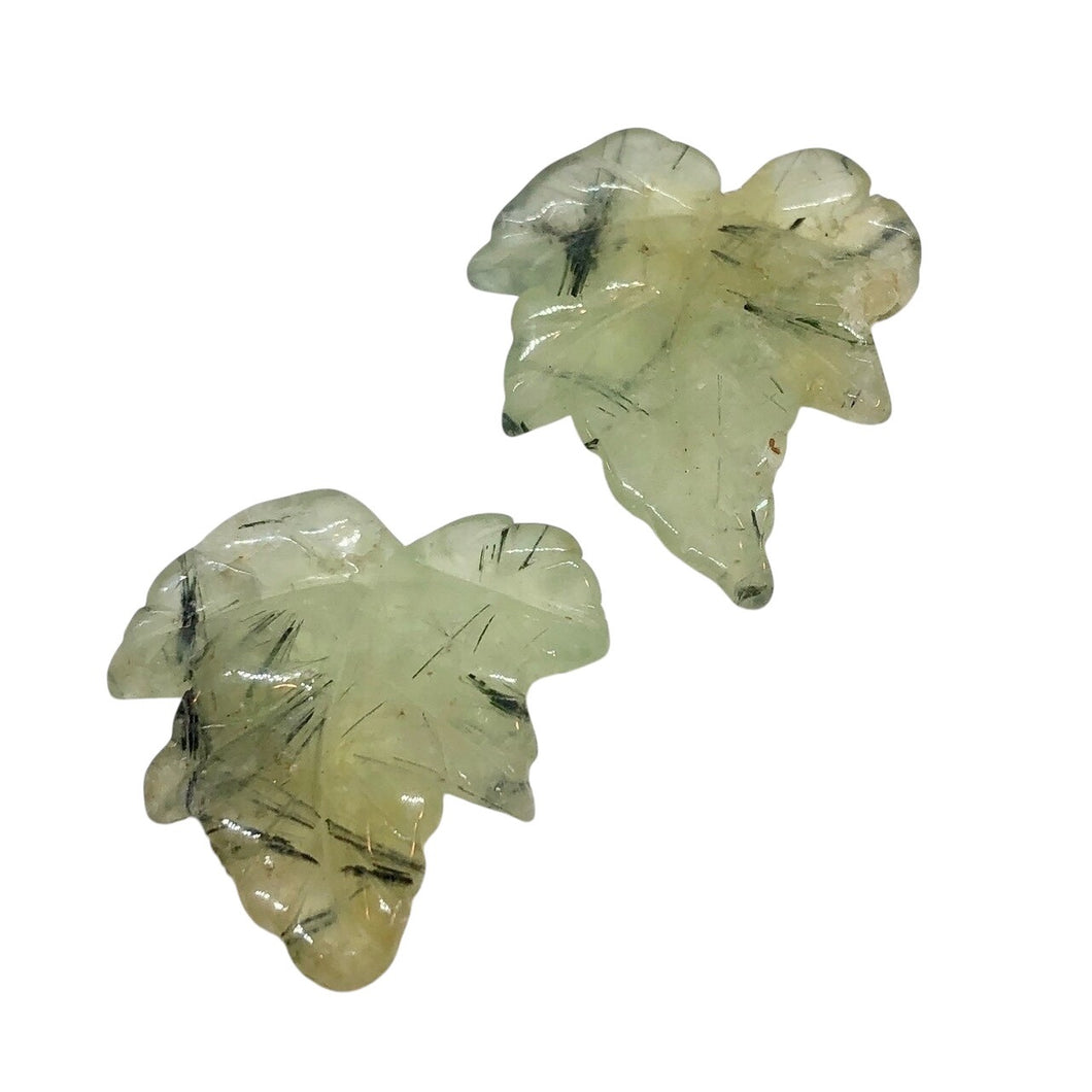 Hand Carved 2 Green Prehnite Leaf Beads W/Dendrites 10532F