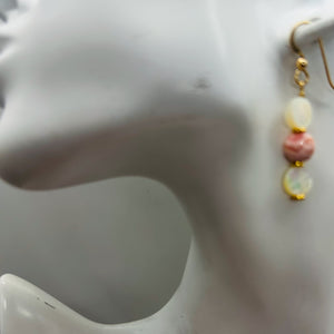 Rhodocrosite Mother of Pearl 14K Gold Filled Drop Earrings | 1 3/4"| Pink White|