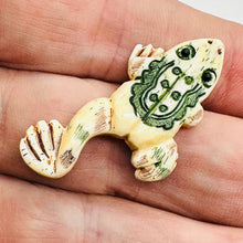 Load image into Gallery viewer, Frog Hand Carved Leaping Centerpiece Bead | Green, Red, Cream | 41.5x18x7mm |
