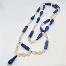 Load image into Gallery viewer, Dumortierite Freshwater Pearl and Rose Quartz 35 inch Necklace 210777
