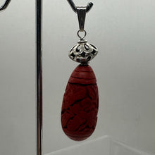 Load image into Gallery viewer, Cinnabar Carved Teardrop Barrel Bead Sterling Silver Pendant | 2 1/4" Long| Red
