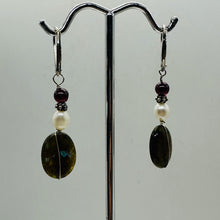 Load image into Gallery viewer, Labradorite Oval Bead Sterling Silver Wire Wrap Earrings with Euro Earwires |
