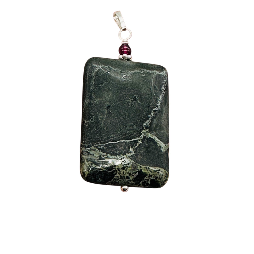 Tsunami Stone and Garnet14K Gold Filled Pendant | 35x25x7.5mm | Green, Red |
