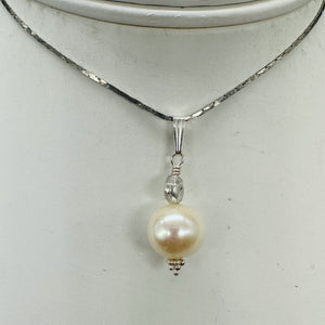 Fresh Water Pearl Large, Near Round Sterling Silver Drop Pendant | 1" Long |