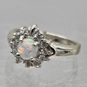 Gemstone Round CZ Opal Sterling Silver Ring | 6 | Fire Green Red | 1 Ring |