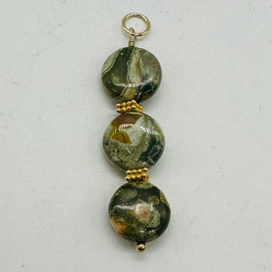Raintree Rhyolite Jasper 14KGF Dangle Pendant | 2" Long | Green, Pink |
