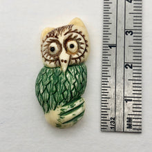 Load image into Gallery viewer, Waterbuffalo Bone Owl | 31.5x14x4.5mm | Green/Brown/Cream | 1 Bead
