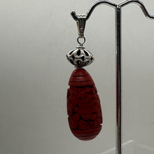 Load image into Gallery viewer, Cinnabar Carved Teardrop Barrel Bead Sterling Silver Pendant | 2 1/4" Long| Red
