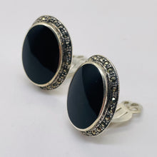 Load image into Gallery viewer, Onyx Marcasite Clip-On Sterling Silver Oval Earrings| 27x21mm | Black | 1 Pair |
