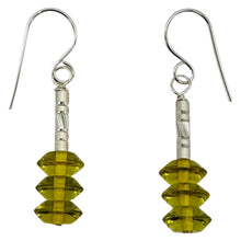 Load image into Gallery viewer, Natural Yellow Green Amber Sterling Silver Dangle Earrings 3 Bead 1.25" Handmade
