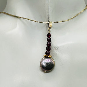 Natural Garnet and Pearl 14KGF Pendant | 1 1/2 Inch Long |