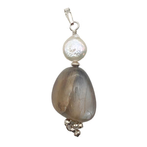 Moonstone Chatoyant Sterling Silver and Pearl Drop Pendant | 2" Long | Silver |