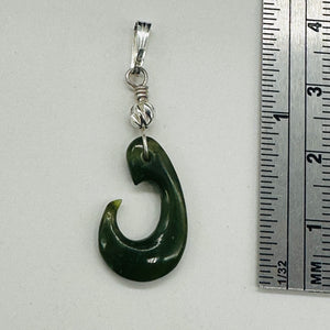 Jade Maori Hai Matau Fishhook Sterling Silver Pendant | Green | 1 1/4" Long |