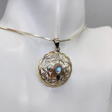 Load image into Gallery viewer, Moonstone Sterling Silver Round Filagree Pendant | 1 1/4&quot; Long| Blue| 1 Pendant|
