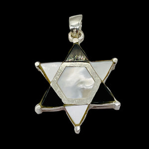 Mother of Pearl and Onyx Sterling Silver Pendant Kagome Shatkona |1 1/4" Long |