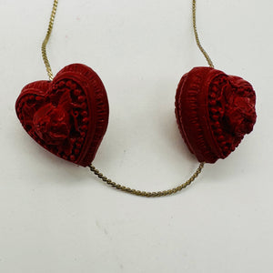 Cinnabar Carved Double Flower Heart Beads | 22x22x20mm | Red | 2 Beads |
