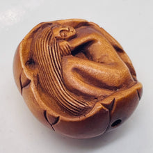 Load image into Gallery viewer, Carved Boxwood Mermaid On Lilypad Ojime/Netsuke Bead | 23x19.5x12mm | Brown
