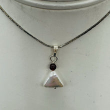 Load image into Gallery viewer, Pearl Triangle and Garnet Sterling Silver Drop Pendant | 1&quot; Long | White, Red |
