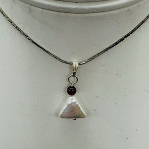 Pearl Triangle and Garnet Sterling Silver Drop Pendant | 1" Long | White, Red |