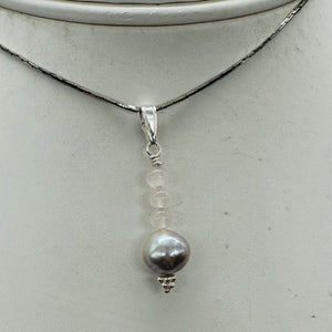 Rose Quartz, Silver Blue Pearl Sterling Silver Pendant| 1 1/4" Long| Pink, Blue|