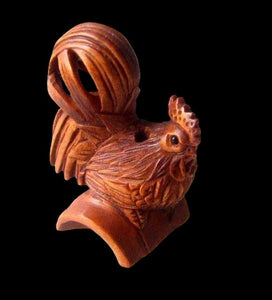 Rise & Shine Carved Boxwood Rooster Ojime/Netsuke Bead | 31x20x16mm | Brown