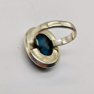 Labradorite Sterling Silver Oval Stone Ring | Size 7 3/4 | Blue Flash | 1 Ring |