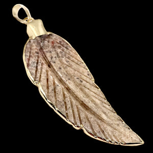 Jasper Carved Gold Trim Leaf Pendant | 3" Long | Beige Mauve | 1 Pendant |